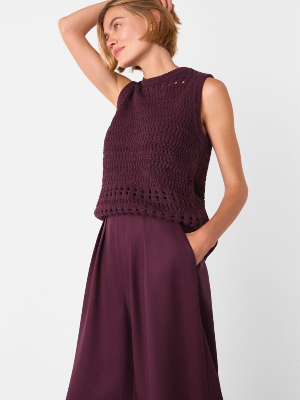 Whistles Plum High-Waist Wide-Leg Tencel Trousers